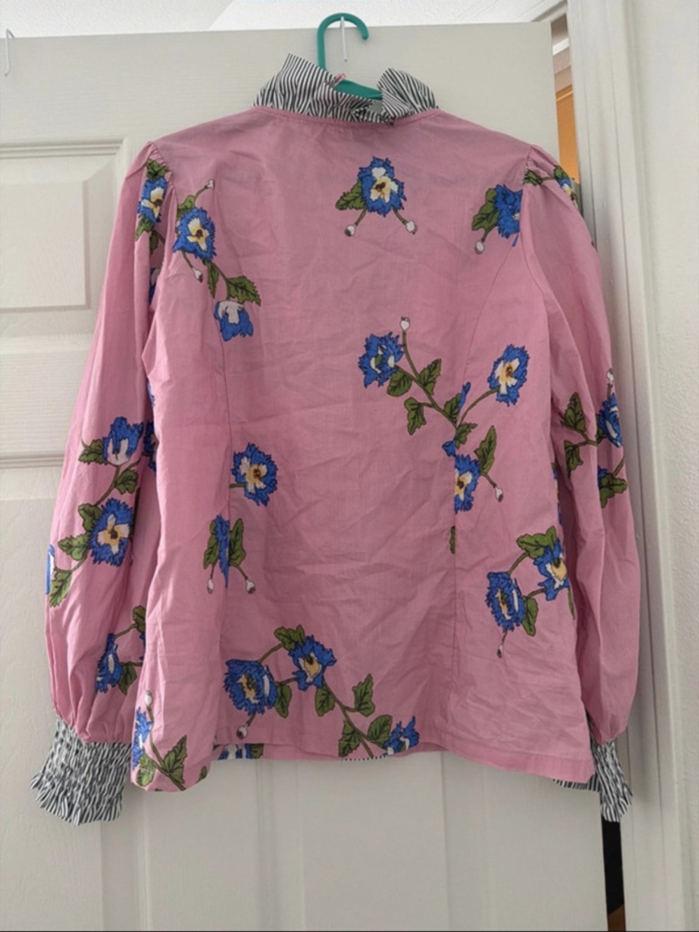 Umgee Pink Floral Button-Up Blouse with Striped Trim - Picture 2 of 2